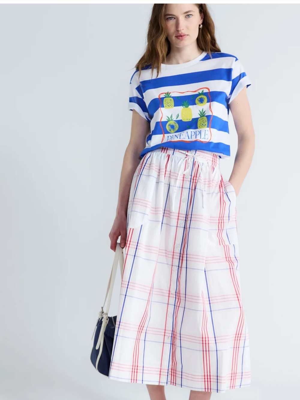 White Plaid Maxi Skirt with Red & Blue Accents